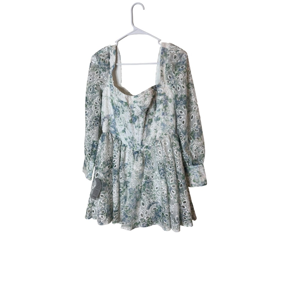 Bardot Dress Womens Medium White Green Water Floral Eyelet Lace Mini Long Sleeve